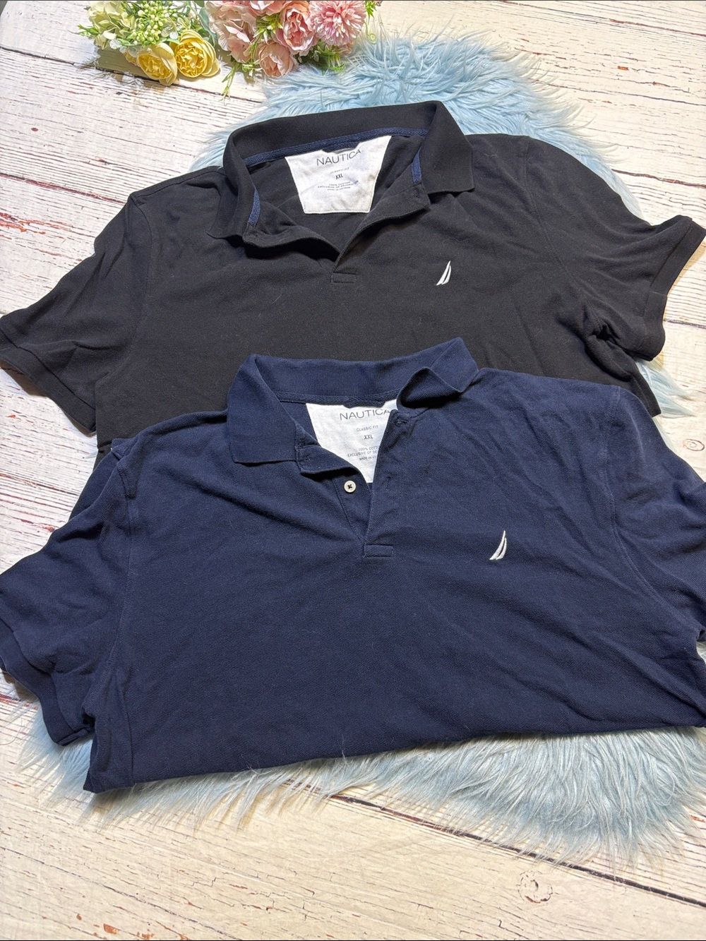 Nautica Navy & Black Knit Short Sleeve Classic Fit Polos Lot of 2 sz XXL